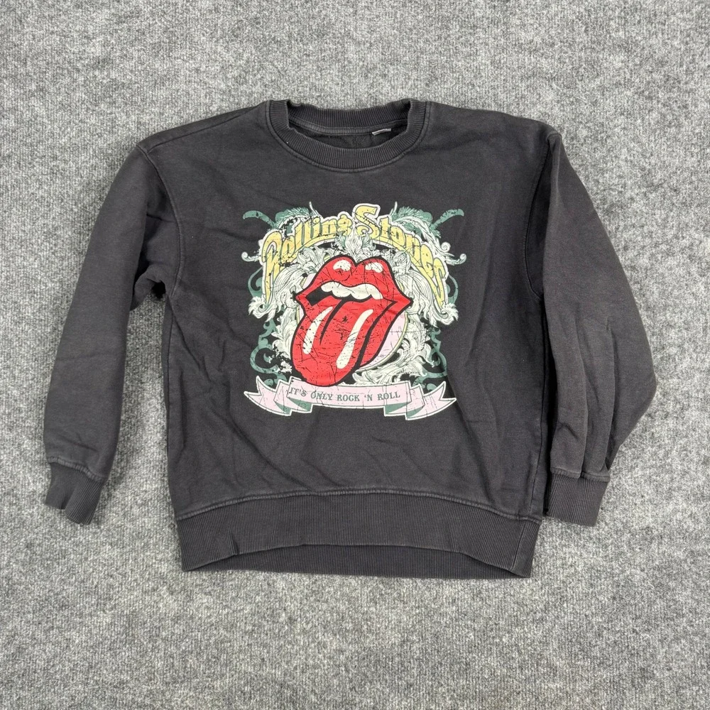 Rolling Stones Sweatshirt Youth Size L Black Graphic Rock N Roll Band Crewneck